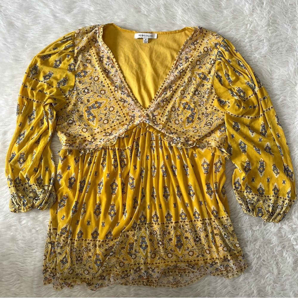 ROSE & OLIVE Shirt Womens Medium Yellow Orange Blue Floral Long Sleeve Lined